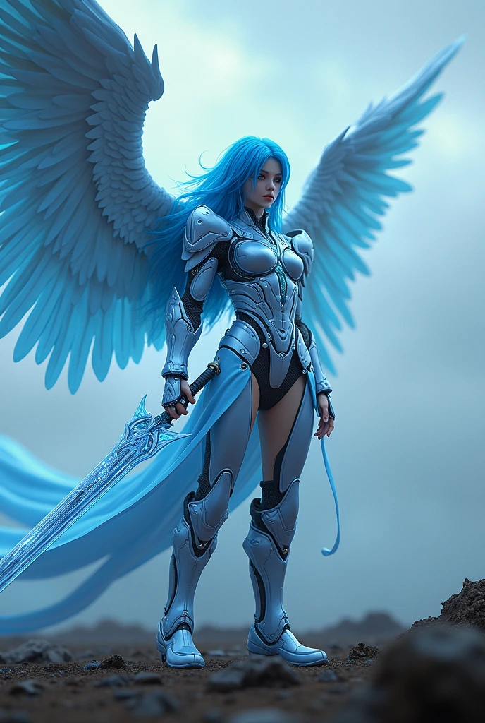 blue hear,thunder archangel Raphael,war effect,REAL - style image of a woman with a sword in a field, cyberpunk art inspired by Leng Mei, cgsociety contest winner, fantasy art, beautiful cyborg angel girl, angel knight girl, as a mystical valkyrie, battle angel, angel in plastic armor, mechanized valkyrie girl, unreal engine 4k wallpaper, wraith from apex legends, epic angel wings