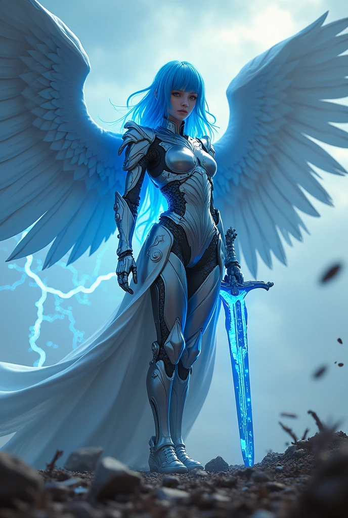 blue hear,thunder archangel Raphael,war effect,REAL - style image of a woman with a sword in a field, cyberpunk art inspired by Leng Mei, cgsociety contest winner, fantasy art, beautiful cyborg angel girl, angel knight girl, as a mystical valkyrie, battle angel, angel in plastic armor, mechanized valkyrie girl, unreal engine 4k wallpaper, wraith from apex legends, epic angel wings