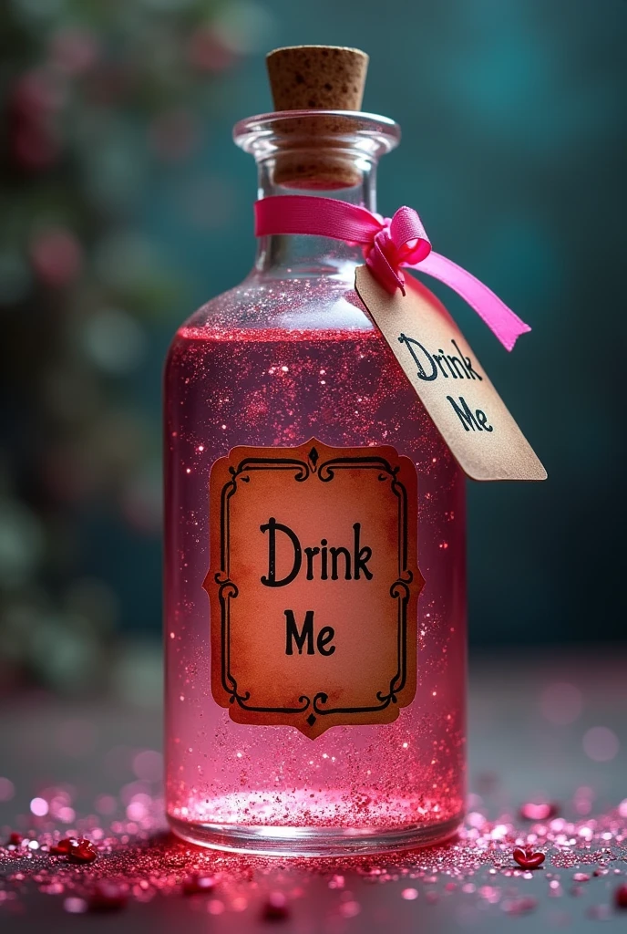 create alice in wonderland potion,  that has a tag that has a ribbon strip and the tag hanging says drink me, that the potion looks shiny, that it is more transparent reddish pink, the bottle is elongated but cylindrical instead of the brown cord , poner el lazo rosado
dejarlo así pero que el frasco sea elongated and cylindrical y más delgado, put more sparkles of fine glitter in the liquid put Alice in Wonderland background in the bottle, elongated and cylindrical, that the label is more noticeable
