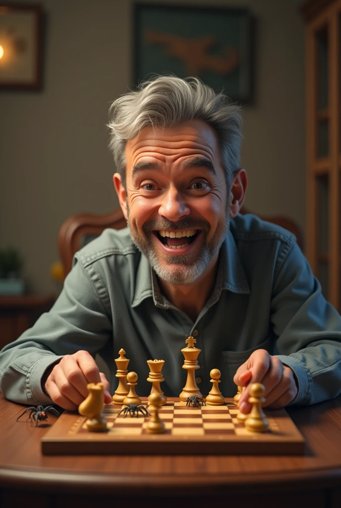 Adult man with short gray hair, short closed beard that looks happy about his departure, playing chess with a single spider 