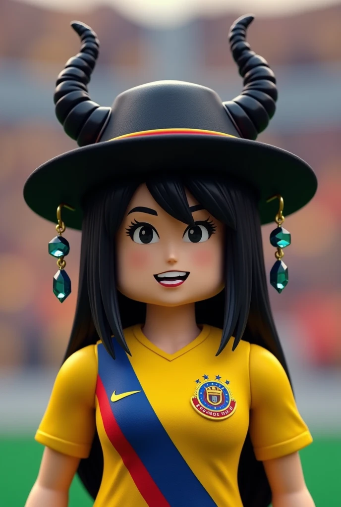 roblox character with black hair, black hat, black horns hanging jewels, dressed in the Venezuelan national football team jersey