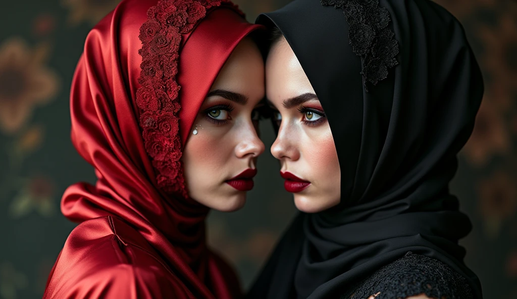 moving closer, coming closer, face is masked, moving closer, gorgeous sensual intertwining embrace, shallow depth-of-field telephoto portrait closeup of sensual exhausted glossy gothic touching minx mantilla woman, enormous eyeliner eyeshadows lipstick blush rouge makeup lovely embraces & touches red gothic coquette headdress woman, together touching each other, sensual high-neck satin wrap blouse gothic inuit with enormous eyeshadows & lipstick, club dance flirting gothic with 'very strongly colored eyelids, broad wide big eye-shadow & big dark glossy eyeshadows' & 'thick eyebrows', cuddle, touching each other while wearing a transparent 'glossy shiny poly-vinyl' red satin blouse with bows puffs ruffles & 'gold pleated glossy shiny leather' pvc skirt with button-placket, adorned with a pleated funeral criss cross puff satin croptop with hips with button-placket & dark-brown shiny pvc gloves, While they snuggle & touch each other they wear a golden long-sleeved floor-length pvc vest with a button-placket & glossy brown poly-vinyl shiny pvc long-tunic shimmer wetlook glitter leggings. closer,touching closer, batwing, closer smelling facemasked women, clothing with nubs and buffers, perforated poly-vinyl coat, holed hijab poly-vinyl, very full train, transparent satin gloves, symbols holed gothic leather belt, high-gloss perforated satin leggings pleasuring, shiny scarf, long glossy poly-leather jilbab, shiny skirt leggings covered, high gloss legging trouser skirt pockets, knob-front, button placket, sweet minx coquette wearing multi-layered high gloss clothing perforated, closer, fluffy eyebrows insanely thick, haute couture glamour, beautiful mesh pantyhose, korean romper, holed rubber trousers, colourful printed rose hips meshed wide broad belt, bow style glossy tattooed headscarf fully covered, poly-leather romper, patterned leather coat satin tattoo facemask veils blouse tunic, face masked, very long sleeved poly-satin clothing, tattoo shiny belt, shiny printed