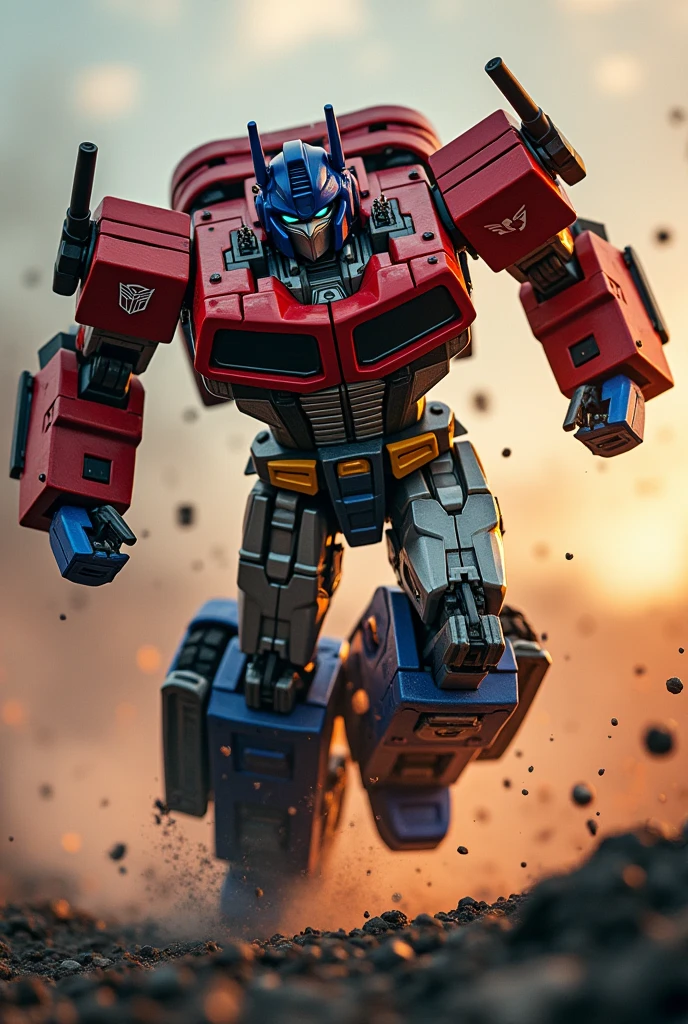Rodimus prime. a highly detailed and realistic Optimus Prime robot. Hulk buster, very detail. High tech.extremely dynamic and energetic pose.Transformers galaxy force. Galaxy convoy. running and jumping through a war-torn battlefield, firing a bazooka. Big on his back engaged in an intense battle with Megatron, cinematic tilt-shift photography effect, hyper-detailed, 8k, photorealistic, dramatic lighting, vivid colors, industrial sci-fi, best quality. Very epic. Ashes everywhere. Ember. Michael bay. Travis knight. Hasbro. Takara tomy.