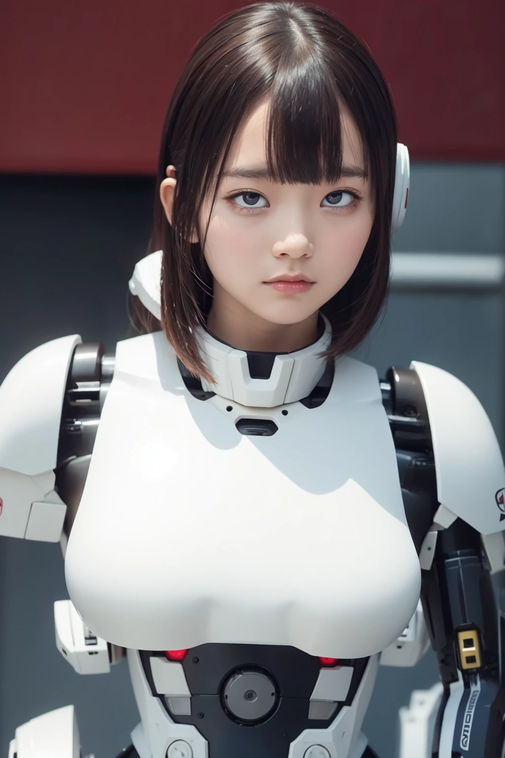 masterpiece, best quality, extremely detailed, Japanese android girl,Plump ,control panels,robot arms,robot,android,cyborg,white robot body,ceramic body,perfect robotgirl,blunt bangs,sumo wrestler,rolling eyes