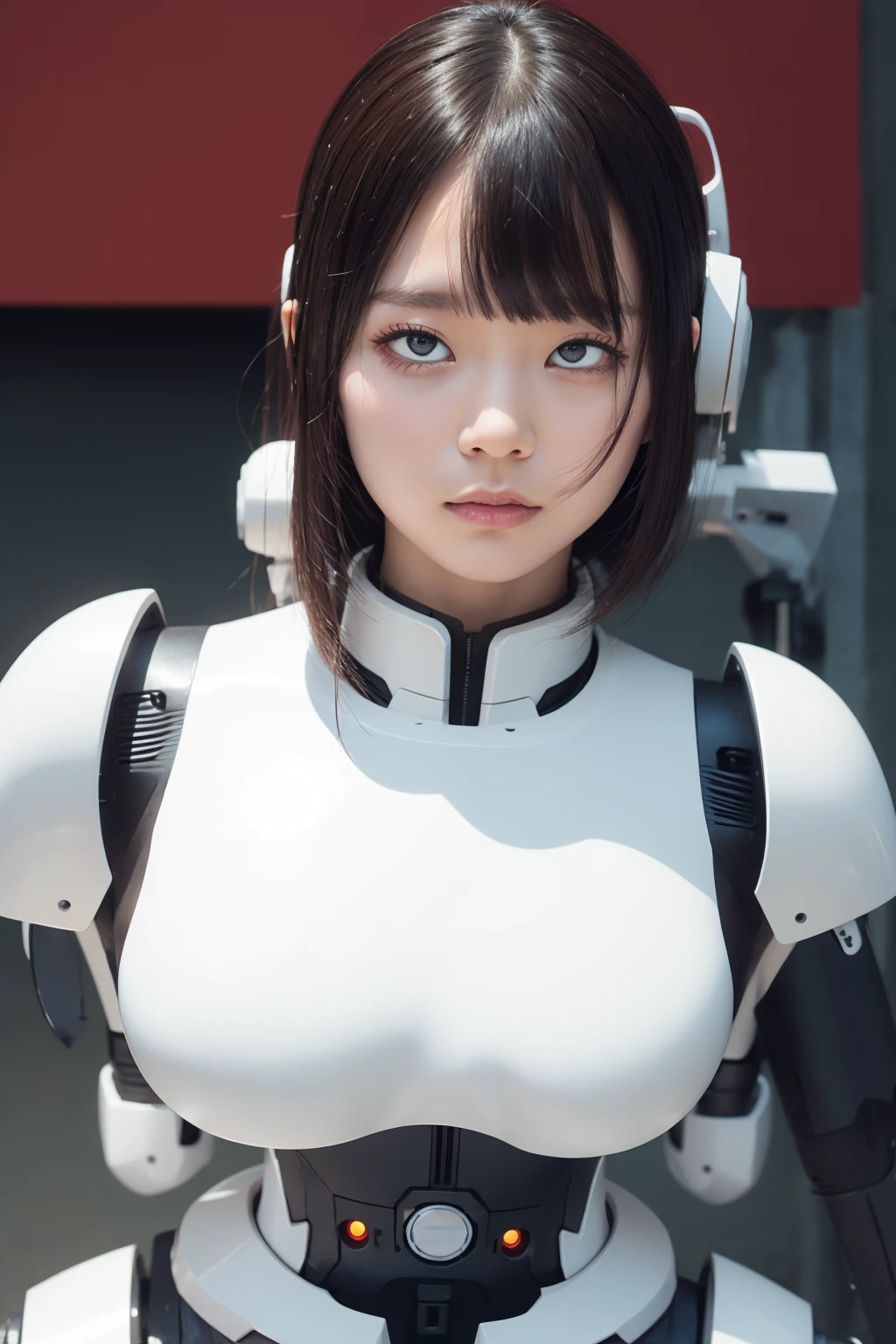 masterpiece, best quality, extremely detailed, Japanese android girl,Plump ,control panels,robot arms,robot,android,cyborg,white robot body,ceramic body,perfect robotgirl,blunt bangs,sumo wrestler,rolling eyes