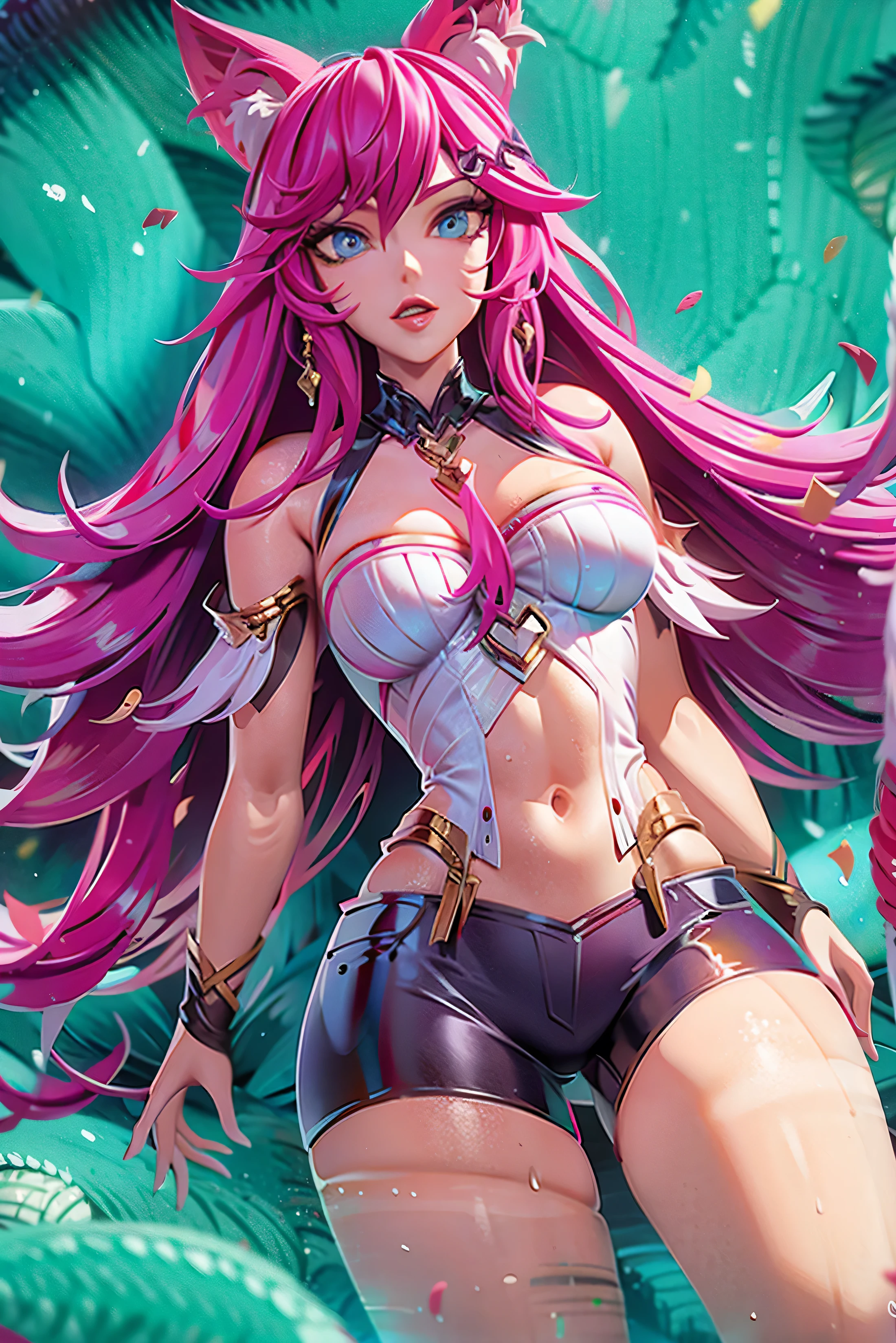 (Ahri league of legends), long  hair, blue colored eyes, pop idols, kda, posse sexy, shameful look, on the  bed, super detaill, high resolution, 8k