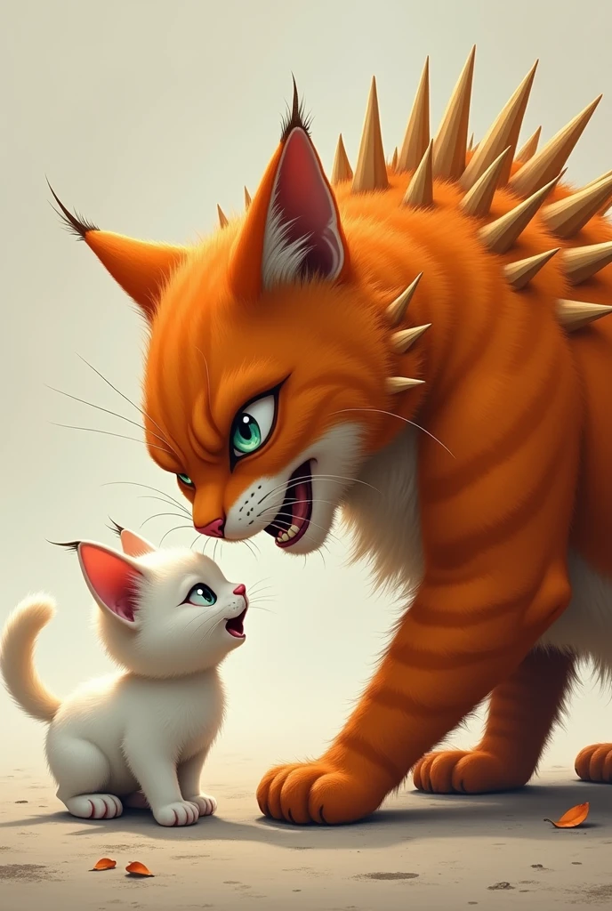 orange cat,spikes at the back,fight with,small white cute cat