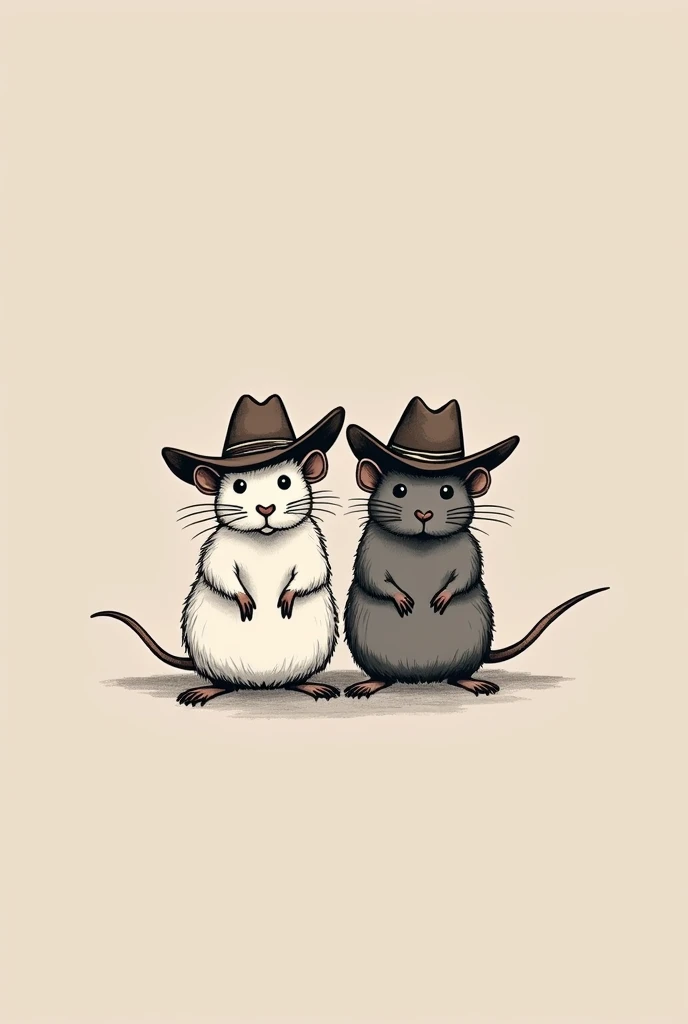 tattoo (simple drawing) of a white rat and a gray rat wearing cowboy hats