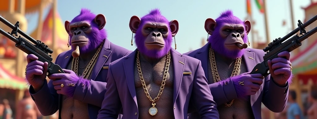 3 Purple Apes, With giant and high-caliber weapons, with gangster SUIT with chains, tattooed, with huge diamond and gold rings, smoking with a pipe, at an Indian fair