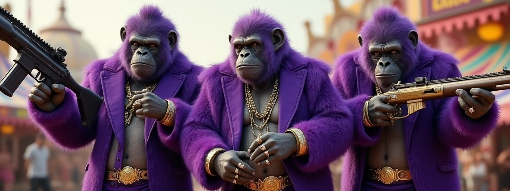 3 Purple Apes, With giant and high-caliber weapons, with gangster SUIT with chains, tattooed, with huge diamond and gold rings, smoking with a pipe, at an Indian fair