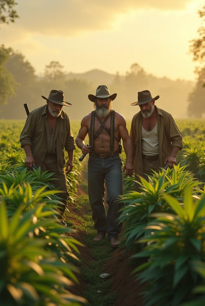 Generate me an image of 3 friends who clean marijuana fields, we are all marijuana men, neither too young nor too old. 