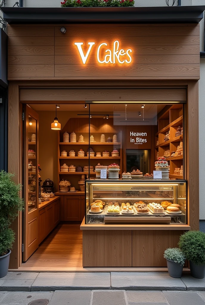 Create a log for brown cake shop name as v cakes with slogan heaven in bites