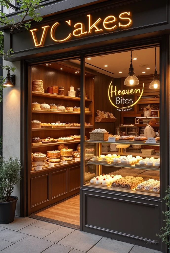 Create a log for brown cake shop name as v cakes with slogan heaven in bites