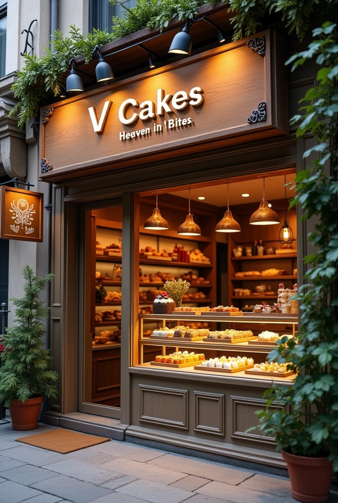 Create a log for brown cake shop name as v cakes with slogan heaven in bites