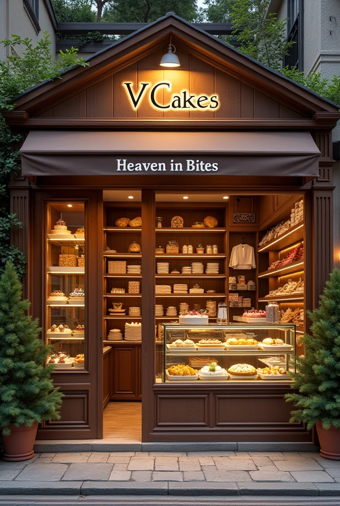 Create a log for brown cake shop name as v cakes with slogan heaven in bites