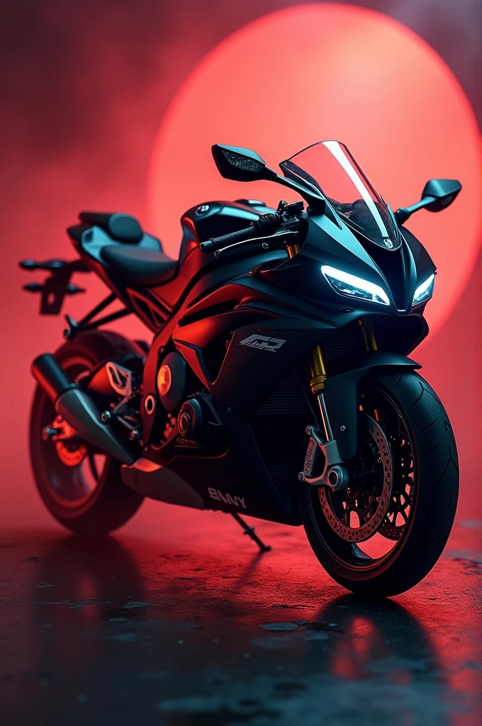 s1000rr 2017-2018 painting black and realistic on a round 10x10 canvas with red fog in background and bmw logo . The bike should be facing right and side