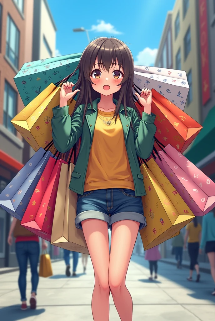 anime girl holding a lot of shopping bag