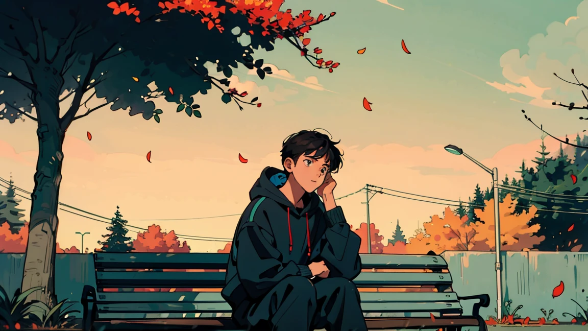 Scene: Quiet park at dusk with a gentle breeze.
Character: A teenage boy in a hoodie, sitting on a bench with his headphones on, lost in the music, surrounded by falling autumn leaves.