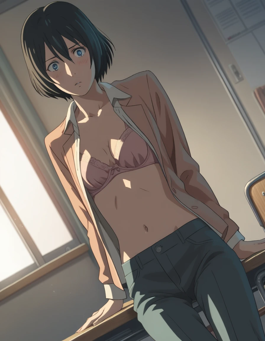 score_9, score_8_up, score_7_up, source_anime,
yukariyukino, yukari yukino, short hair, black hair, detailed blue eyes, hair between eyes,(( detailed perfect eyes )),very surprised eyes,  Perfect face, expressive eyes, , open mouth,
((undress open shirt, nipples)), , detailed navel, (undress suit pants),
indoors, school, realistic school, class room,, nsfw, shackles, sitting,,  blush, ((steam)), saliva,
cowboy shot, looking at viewer, solo, dutch angle, (arms behind back) ,vibrator in white panties, pussy juice,