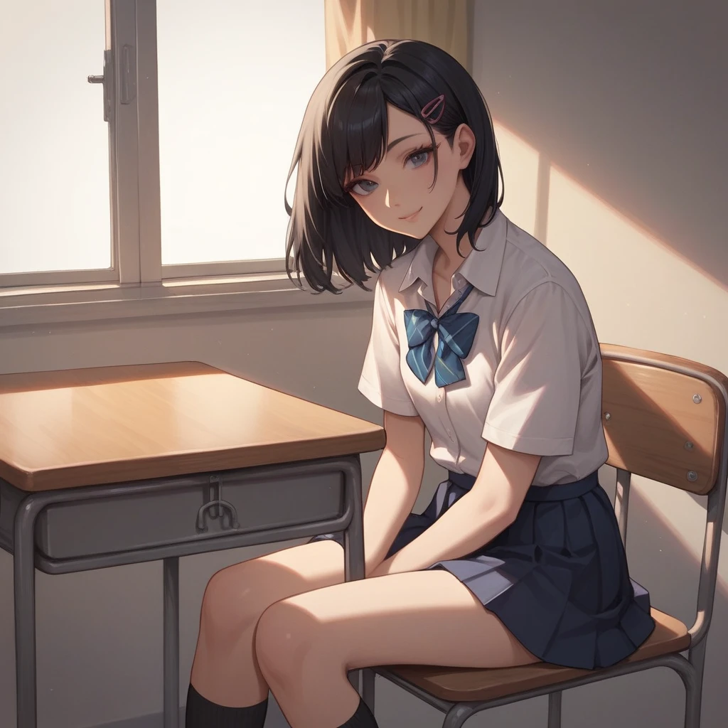 (masterpiece,highest quality,Perfect Anatomy,Exquisite detailed)young girl,glamorous(breasts:0.1)black hair,medium hair,chignon,center part,barrette,school uniform,Enjoyable Scene,sunbeam,in the noon,light smile,sitting,school
