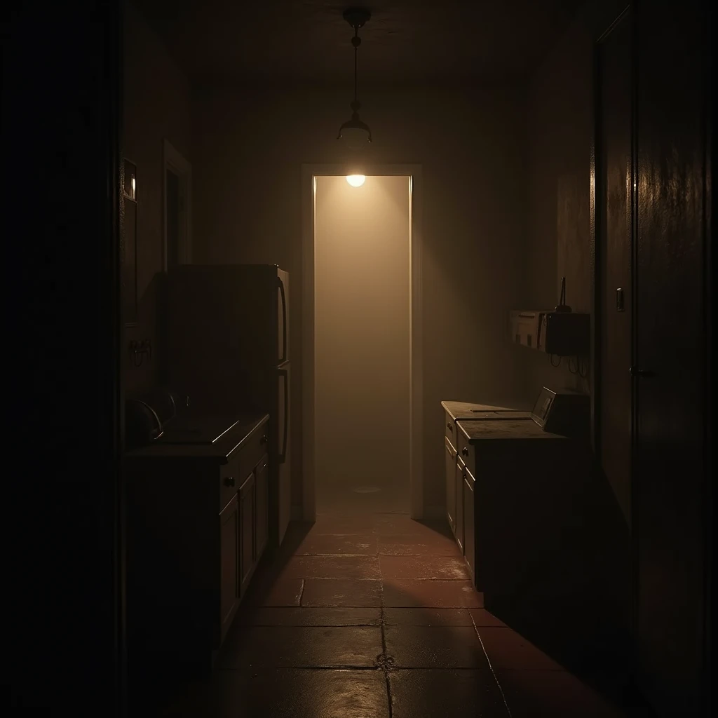 Back room horror atmosphere，Brown light，Deep，silence，Thriller