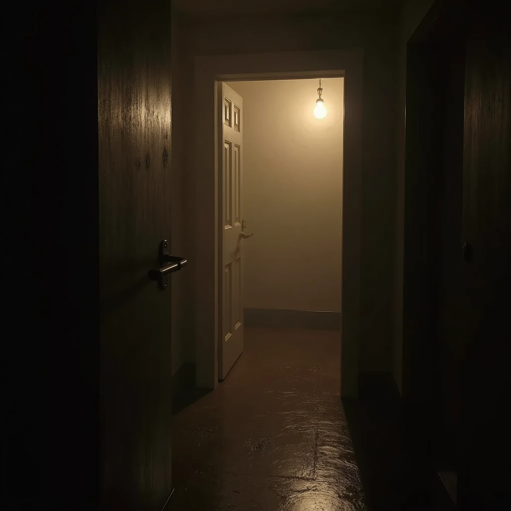 Back room horror atmosphere，Brown light，Deep，silence，Thriller