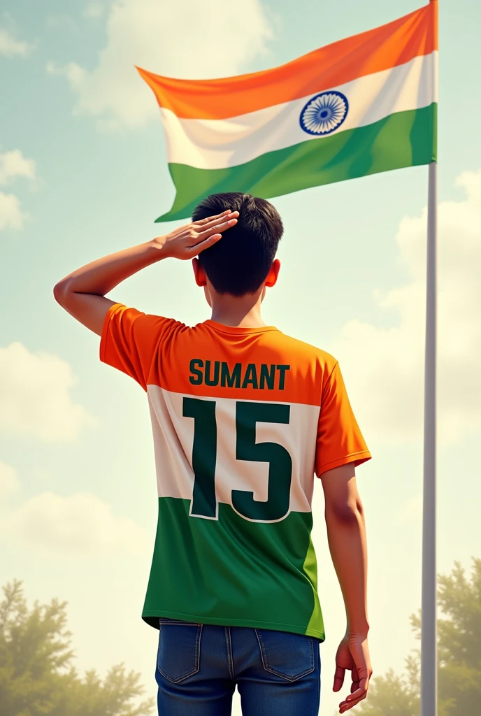 
A 20 years old boy salutes the national flag of bharat and he is wearing a shirt print is like bharat flag and "SUMANT" and 15 number and independence day in small is written on it's back in big and bold fonts, 3d illustration