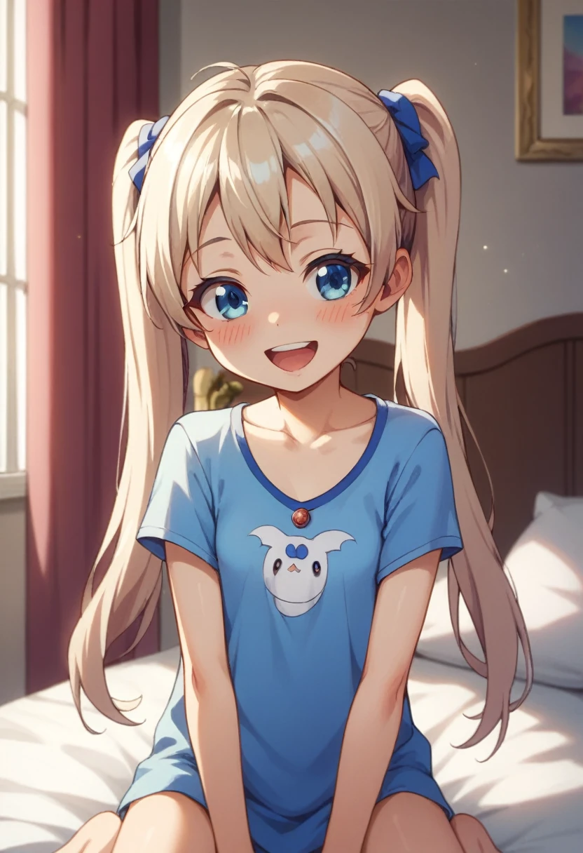 ((Highest quality)), ((masterpiece)), (be familiar with), Perfect Face, indoor, Bedroom, Watching the audience,
One woman, Milim Nava,
Open Mouth, Ecstatic expression, blush, smile,
Small breasts, Flat Chest, , , child, Girl,
Long Hair, Twin tails,