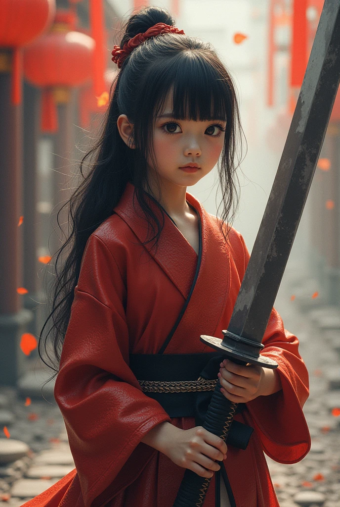 cute boy with red dress and holding red katana background purple