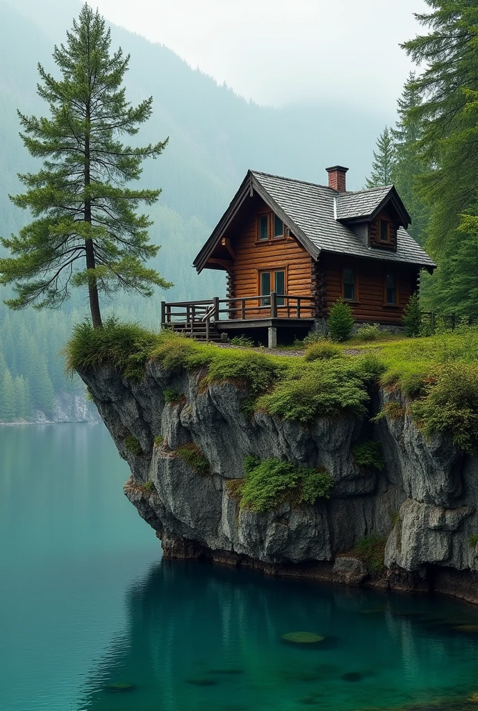 The image is a photograph of a beautiful cabin on a cliff overlooking a lake. The cabin is made of wood and has a sloping roof with a chimney on top. It has a porch with a railing and steps leading up to the entrance. The lake is calm and the water is a deep turquoise color. The cliff is covered in greenery and there are trees on either side of the cabin. The sky is overcast and the overall mood of the image is peaceful and serene.