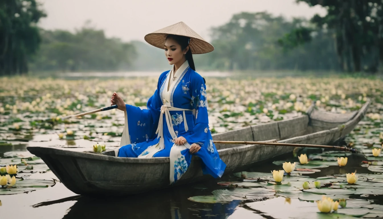 Realistic image, taken with Cannon E900, Mid-shot, a Northern Vietnamese girl in traditional Ao Tu Than, wearing Yem Dao, wearing Quai Thao hat, rowing a rustic boat on a lotus pond, mysterious but full of magic, shimmeringly beautiful, climbing blue roses, cinematic color, 16K, UHD, K-Pop Style, mystery atmosphere
