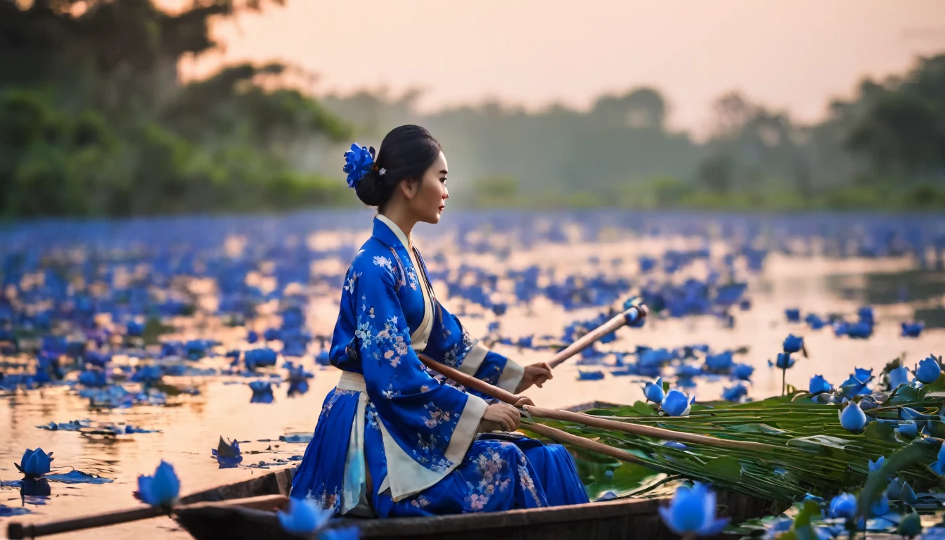 Realistic image, taken with Cannon E900, Mid-shot, a Northern Vietnamese girl in traditional Ao Tu Than, wearing Yem Dao, wearing Quai Thao hat, rowing a rustic boat on a lotus pond, mysterious but full of magic, shimmeringly beautiful, climbing blue roses, cinematic color, 16K, UHD, K-Pop Style, mystery atmosphere
