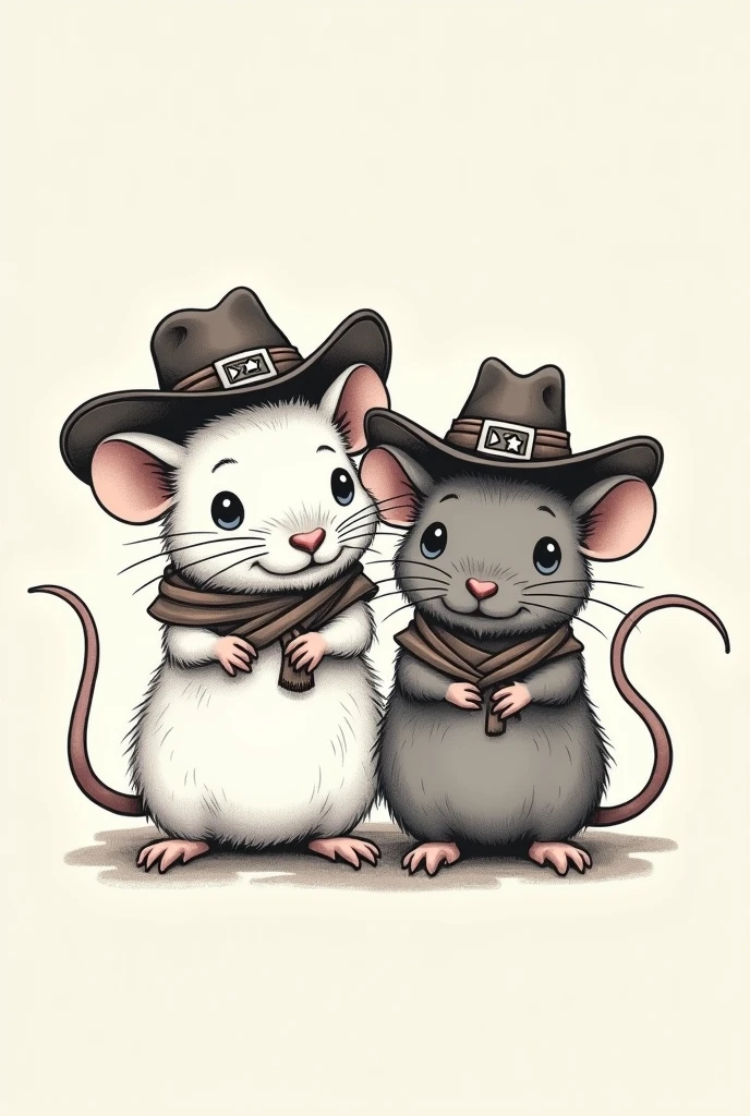 tattoo (simple drawing) of a white rat and a gray rat wearing cowboy hats