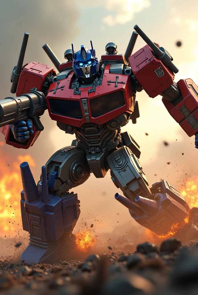 a highly detailed and realistic Optimus Prime robot. Hulk buster, very detail. High tech.extremely dynamic and energetic pose.Transformers galaxy force. Galaxy convoy. running and jumping through a war-torn battlefield, firing a bazooka. Big on his back engaged in an intense battle with Megatron, cinematic tilt-shift photography effect, hyper-detailed, 8k, photorealistic, dramatic lighting, vivid colors, industrial sci-fi, best quality.toy photography. Very epic. Ashes everywhere. Ember. Michael bay. Travis knight. Hasbro. Takara tomy.