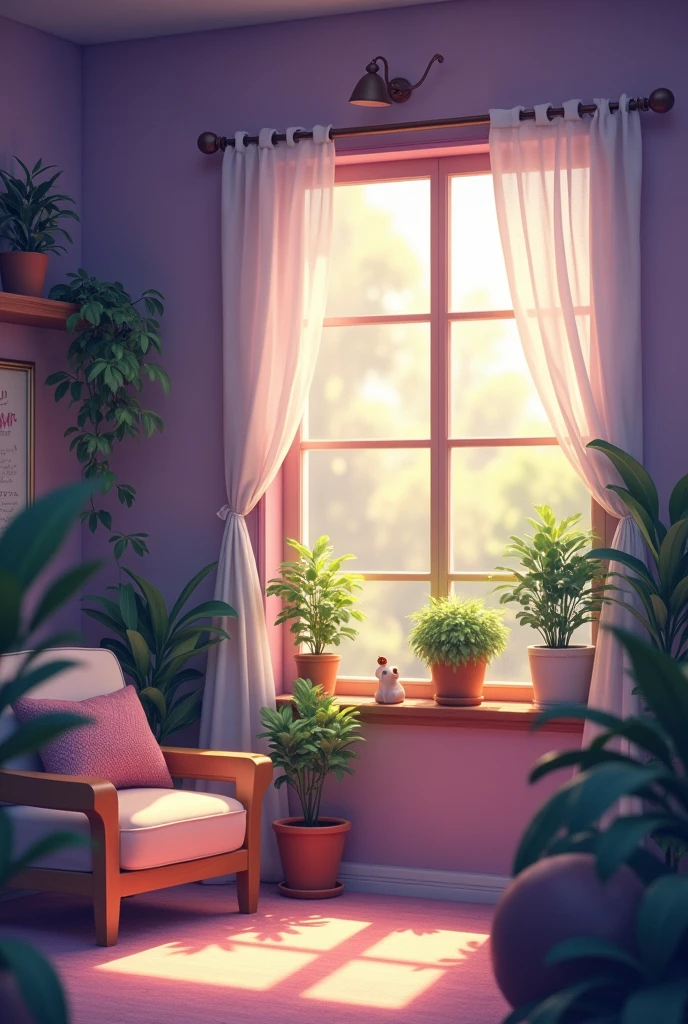 indoors, soft lighting, plants in little background, window with sunlight, cozy room, room with purple wall and set up camera doing the video, no people on picture look like real photot