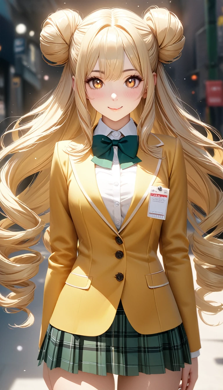 (masterpiece,ultra-detailed,best quality,8K,CG,realistic,illustration:1.2),(perfect-composition,detailed beautiful face,Clean skin,photographical skin,shiny skin,shiny hair, photographical hair,ultra detailed eyes,shaved,kawaii,uncensored:1.1),smile,long hair,twin tail, 1girl, solo, long hair, blonde hair, double bun, drill hair, brown eyes,winter school uniform, green bowtie, white shirt, yellow blazer, buttoned blazer,plaid skirt, green skirt,thigh,from front,cowboy shot,arms behind