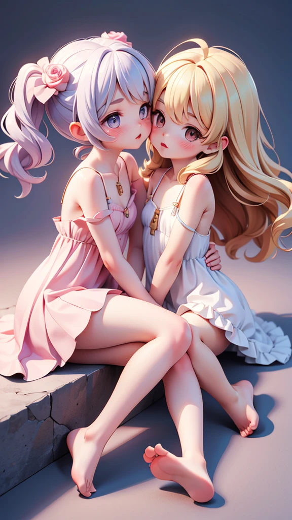 ((petite cute , 2girls)), ((cute face)), ((puffy eyes)), ((masterpiece)), ((best quality)), ((ultra detailed)), ((exquisite)), ((depth)), ((crisp)), (8k), ((beautiful and aesthetic)), ((super detailed skin)), ((high standard)), ((highres)), (perfect anatomy), (blush), (lipstick), (strap slip), (barefoot), ((yuri, kissing))