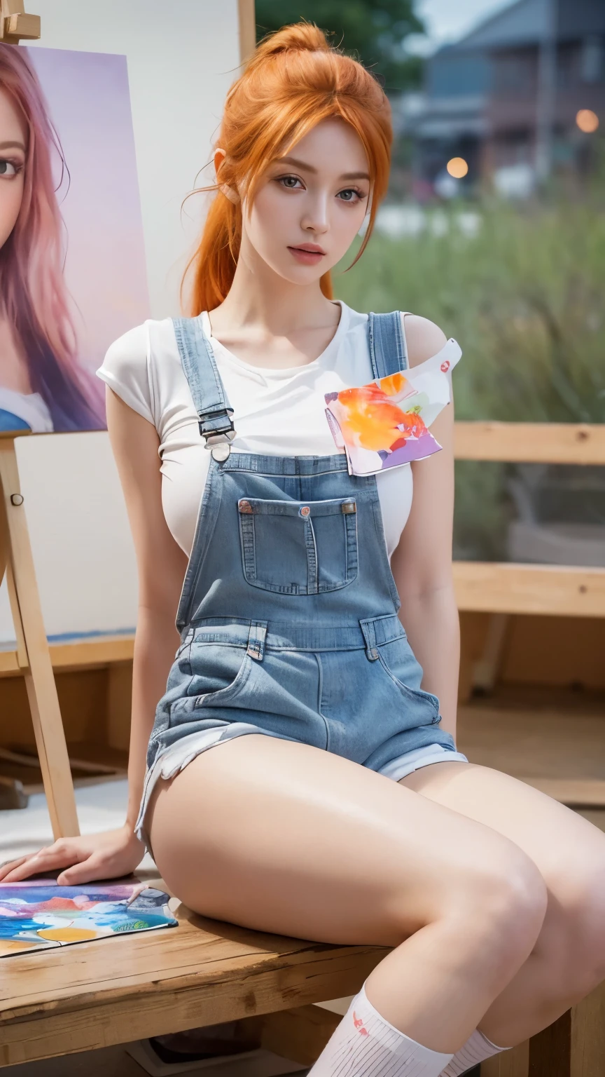 a girl with orange hair, wearing “lilac” overalls, long socks, beautiful body, beautiful face, painting studio in the background, (best quality,4k,8k,highres,masterpiece:1.2),ultra-detailed,(realistic,photorealistic,photo-realistic:1.37),intricate details, vibrant colors, warm lighting, cinematic composition