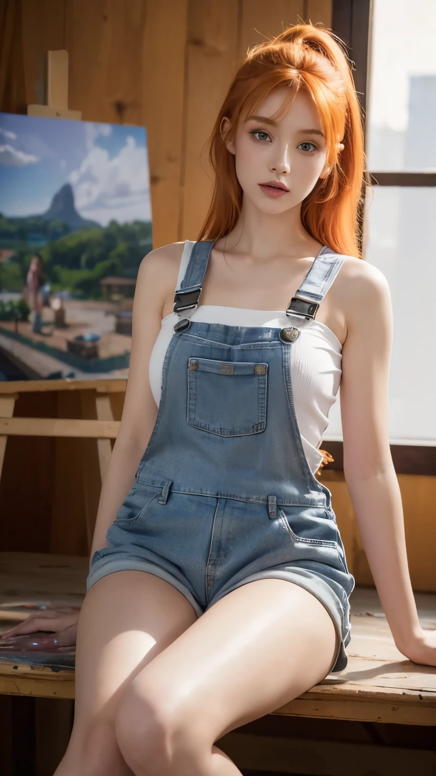 a girl with orange hair, wearing “lilac” overalls, long socks, beautiful body, beautiful face, painting studio in the background, (best quality,4k,8k,highres,masterpiece:1.2),ultra-detailed,(realistic,photorealistic,photo-realistic:1.37),intricate details, vibrant colors, warm lighting, cinematic composition