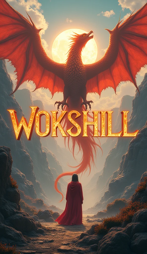There is a fantasy title "Wokshill" written in the mythological style. There is a giant dragon and a giant phoenix in the background of the title. A 3D, fantasy, realistic, aesthetic poster.