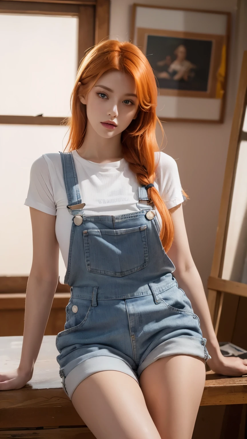 a girl with orange hair, wearing “lilac” overalls, long socks, beautiful body, beautiful face, painting studio in the background, (best quality,4k,8k,highres,masterpiece:1.2),ultra-detailed,(realistic,photorealistic,photo-realistic:1.37),intricate details, vibrant colors, warm lighting, cinematic composition