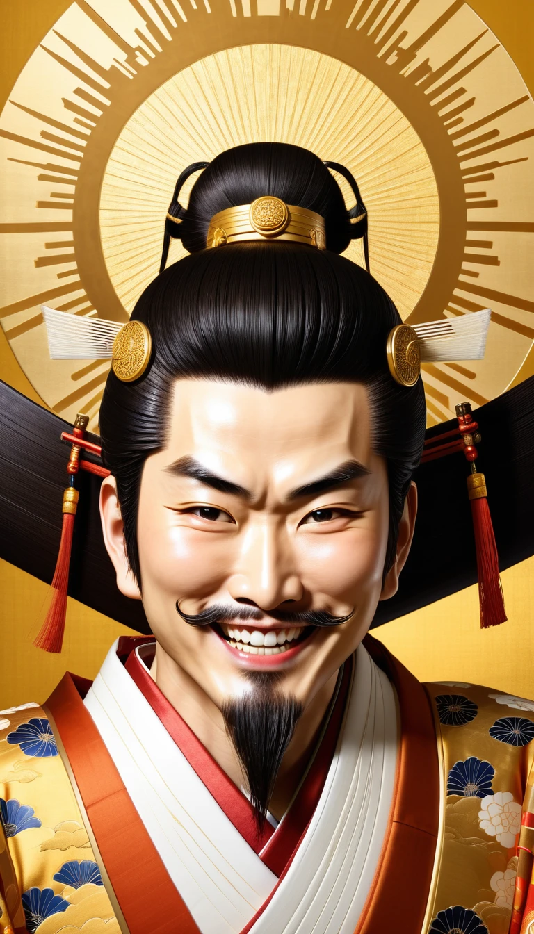 Toyotomi Hideyoshi, depicted with an exaggerated, victorious smile, his eyes gleaming with pride and triumph. His face radiates joy, as if basking in the glory of his achievements. The background is a glowing, golden aura, amplifying his sense of greatness."