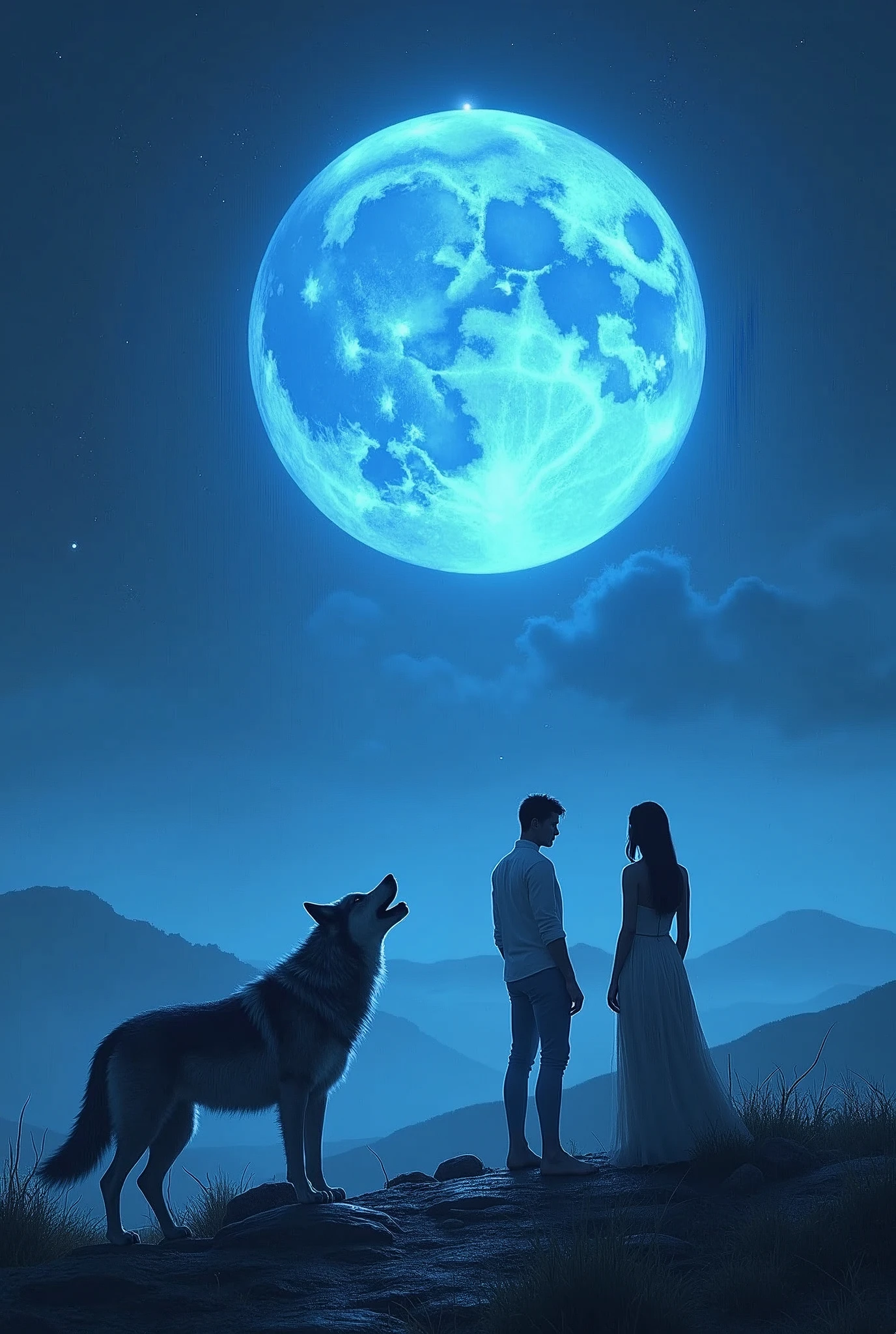 Generate a realistic image of a male and female under a blue moon and a wolf howling