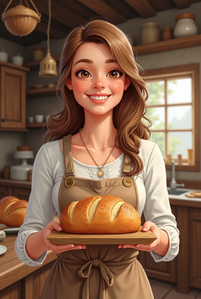 1 female, Around 30 years old,Watercolor Texture,Brown Hair, Soft colors, Illustration Anime, Being in the bakery,German,middle ages,Front facing,Wearing an apron,holding bread in hand,smile,