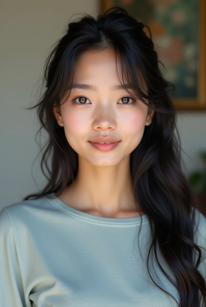 Age: 20 years old
Gender: Female
Skin Tone: Natural light to medium beige with a subtle, healthy glow

Facial Features:

Dark Circles: Subtle but noticeable dark circles under the eyes, showing a mix of deep blue and gray hues. They should suggest tiredness and a bit of fatigue, but not overly exaggerated.
Eyes: Large and slightly almond-shaped, with a warm deep brown or near-black iris. The eyes should have a slightly glossy, reflective quality, adding depth and a touch of tiredness while retaining a spark of youthful vitality.
Eyebrows: Natural, gently arched, and well-groomed eyebrows, matching the hair color. They should frame the face without being too bold.
Mouth: A naturally relaxed or slightly upturned mouth. Lips should be a natural pink or nude shade, with a subtle sheen to convey freshness.
Nose: Delicate and slightly defined, with a natural curve that complements the face.
Hairstyle:

Hair Color: Dark black or deep brown, with a natural shine that catches the light.
Hair Style: Long or medium-length hair, styled straight or with soft waves. It should be either parted in the middle or to one side, falling naturally around the shoulders, or gathered in a loose, casual ponytail or bun.
Clothing:

Style: Casual yet stylish, such as a fitted T-shirt or a soft, long-sleeve blouse. Fabrics can be light and breathable, with textures like cotton or linen.
Color: Soft, muted tones like pastel blues, grays, or beige, which complement the overall look without being too vivid.
Background:

Setting: A realistic, softly blurred background to keep the focus on the subject. This could be an indoor setting with neutral-colored walls or a softly lit outdoor environment like a park or city street. The background should enhance the subject without overwhelming it.

real person photo