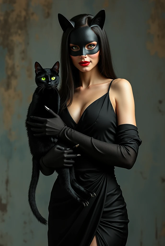 a beautiful girl, in a black saree, high heels, black gloves with sharp cat like claws, wearing a cat mask which covers her glowing green cat eyes with a cowl, her lips are covered with red lipstick, a cunning smile is on her face,holding black cat on her hands, masterpiece, ultra-detailed, 8k, photorealistic, highly detailed face, extremely detailed eyes and face,
