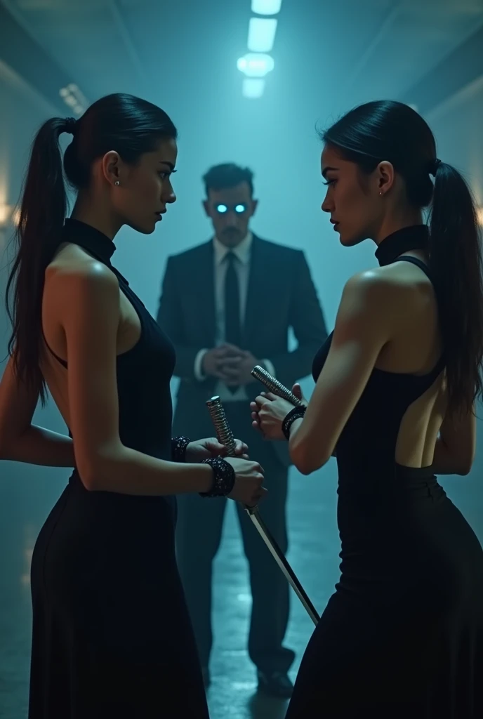 (Two spy girls, dressed in sleek, black backless dresses, are engaged in an intense sword fight against a menacing man in a sharp suit.The man eyes glowing blue entrance while fight with swards against girls.
He is looking into their using Hypnosis on two girls