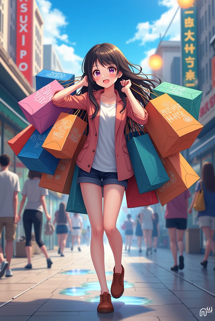 anime girl holding a lot of shopping bag