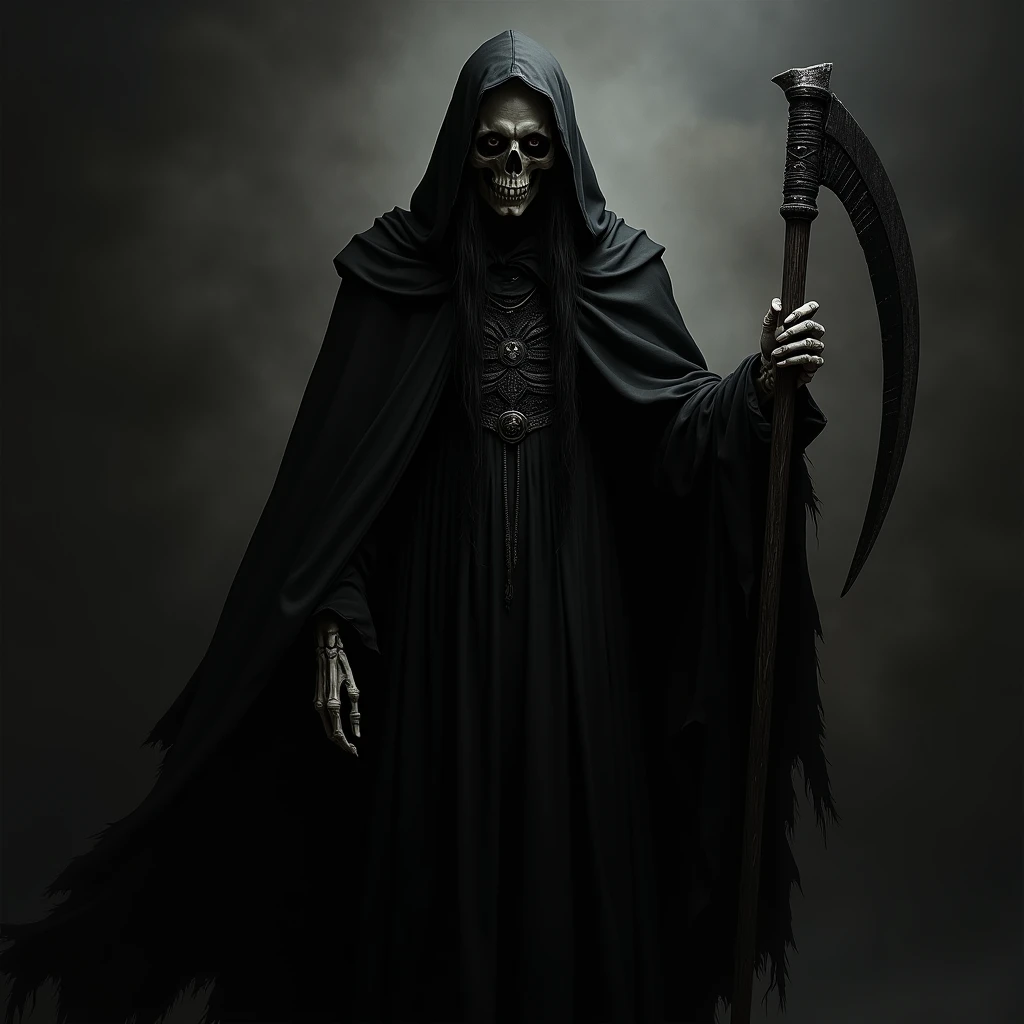 black grim reaper with a black cape and a scythe, portraits, oil painting, fine details, mysterious atmosphere, sharp focus, high contrast, dramatic lighting, black and white image, low-key lighting, vivid eyes, long flowing hair, sinister expression ,hauntingly beautiful,gothic style