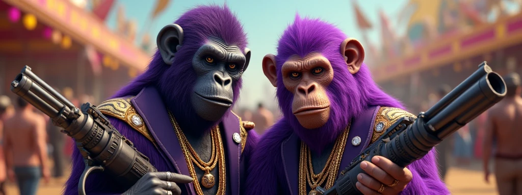 1 purple ape and 1 purple ape, With giant and high-caliber weapons, with gangster SUIT with chains, tattooed, with huge diamond and gold rings, smoking with a pipe, at an Indian fair